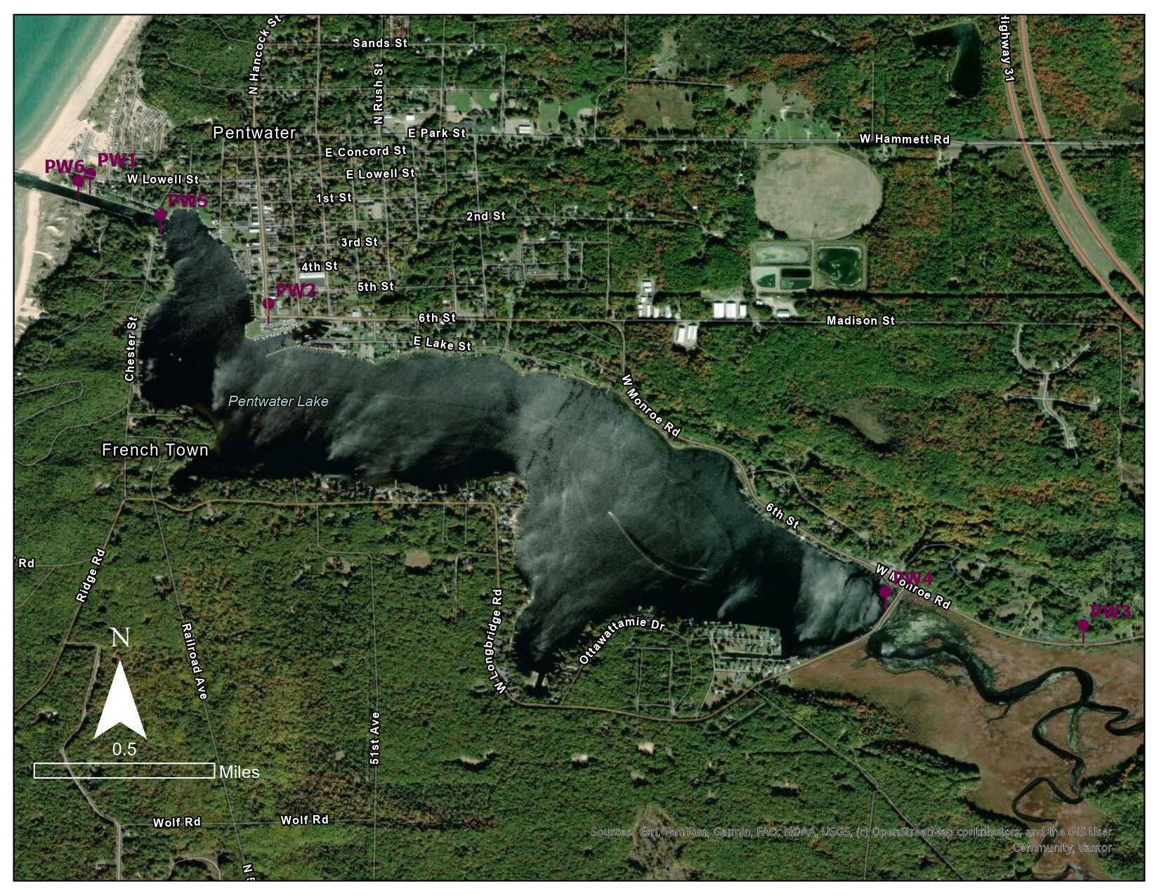 Pentwater Lake survey sites on an aerial map of the lake.